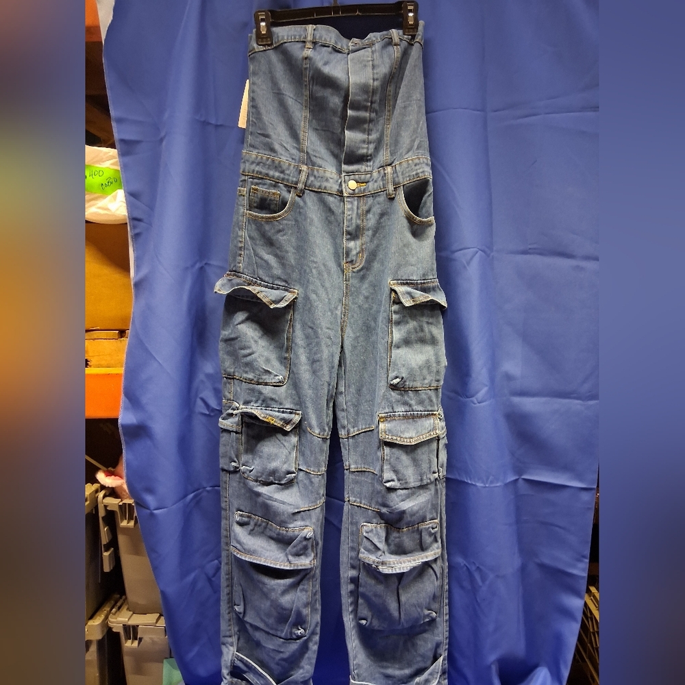 NWT Womens Loragal Denim Strapless Cargo Jumpsuit - Picture 4 of 10